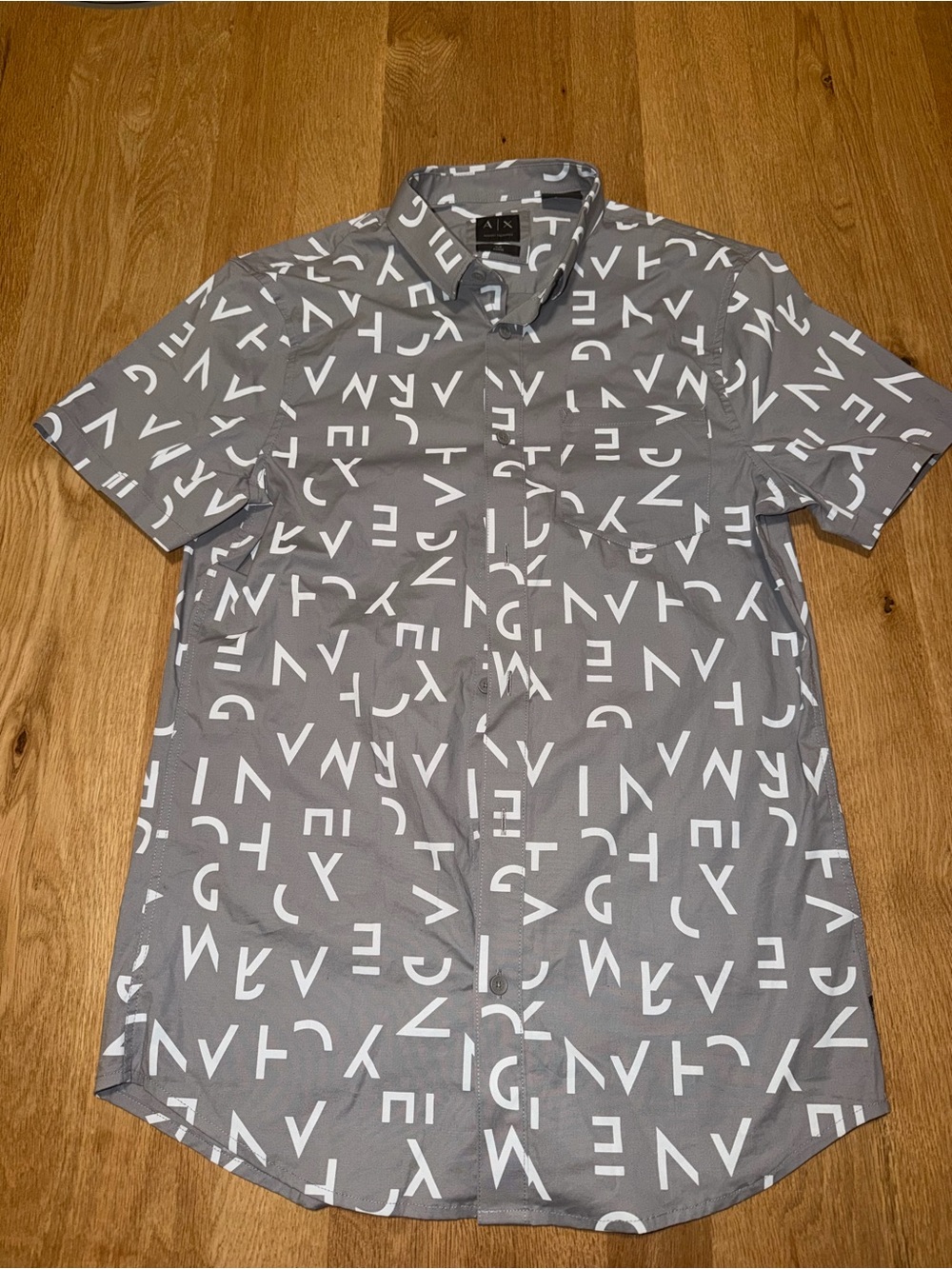Armani Exchange Gray Short-Sleeve Button-Down with White Logo Print